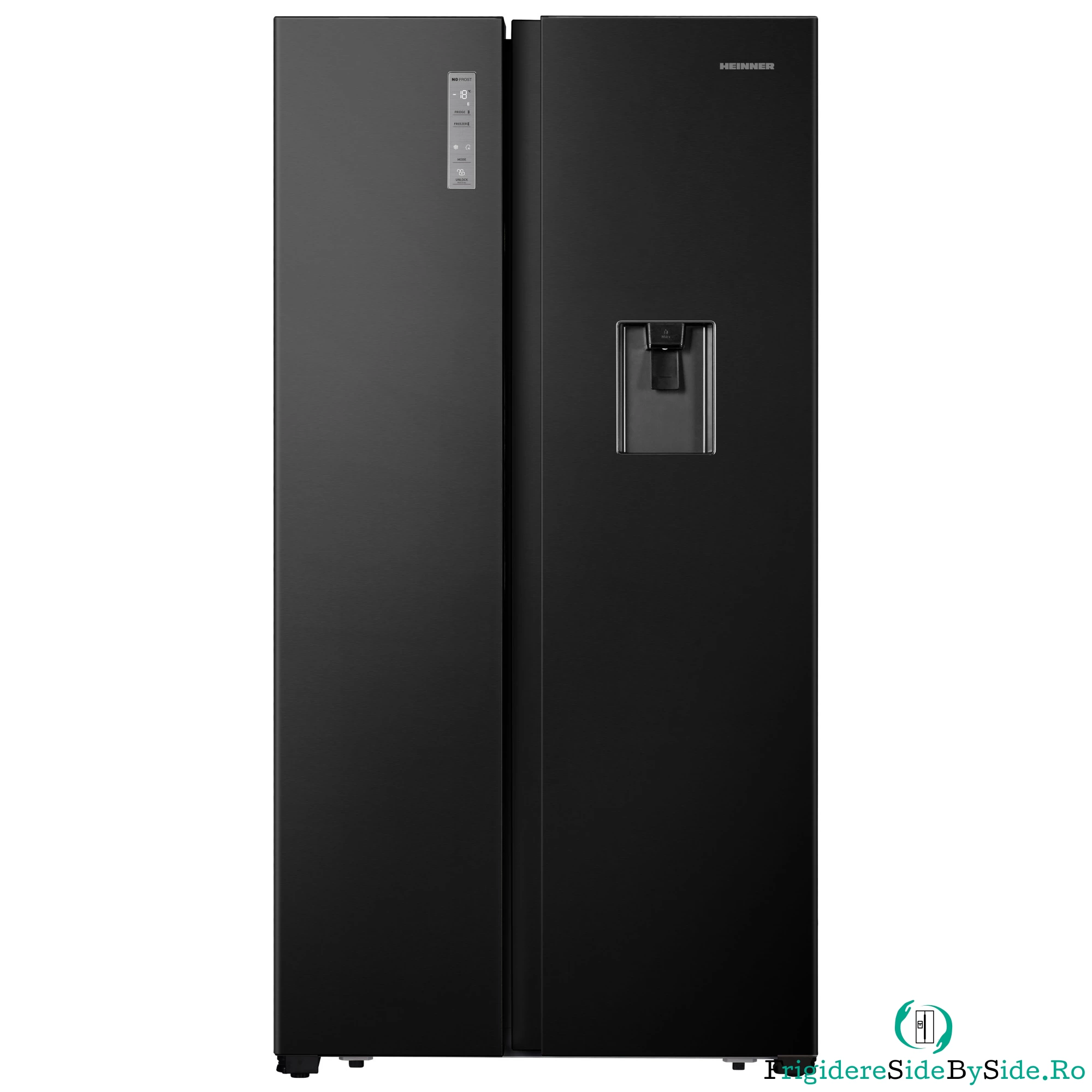 Side by Side Heinner HSBS-HS519NFBKWDE++, Full No Frost, Compresor Inverter, Dozator de apa, 519 l, 178.6 cm, Negru